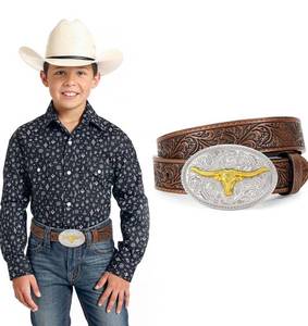 lot 7382 image: Kids Western Belt for Boys Girls, Embossed Genuine Leather Cowboy Cowgirl Belt for Jeans Pant Dresses Gift