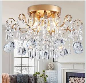 lot 7387 image: Rain Drop Crystal Small Crystal Chandelier Ceiling Light 3-Light Fixture Modern Chrome Iron Material Suitable for Bedrooms, Hallways, Walk-in Closets, Entryways, Stairwells (Gold)
