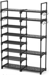 lot 7388 image: ROJASOP Shoe Rack Organizer, 8-Tier Metal Shoe Rack for Closet Entryway Garage, 26-32 Pairs Tall Shoe Boot Storage Shelf with 15 Hooks, Stackable Large Shoe Stand