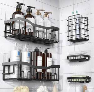 lot 7390 image: EUDELE Adhesive Shower Caddy, 5 Pack Rustproof Stainless Steel Bath Organizers With Large Capacity, No Drilling Shelves for Bathroom Storage & Home Decor
