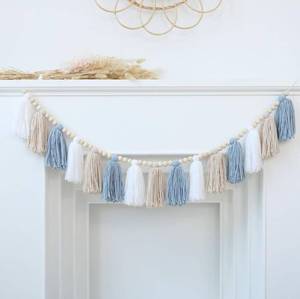 lot 7394 image: Boho Tassel Garland Wall Hanging with Wood Beads Blue Tassel Garland for Baby Shower Kids Room Bedroom Nursey Back to School Decorations