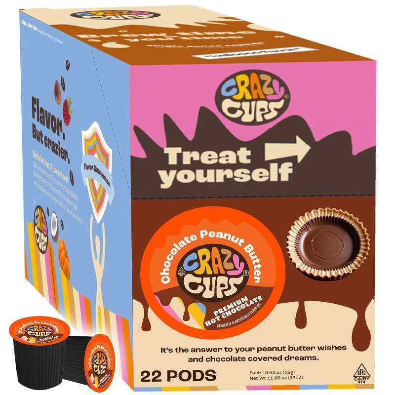 lot 56895 image: Crazy Cups Peanut Butter Hot Chocolate Pods, Perfect Peanut Butter Cup Hot Chocolate for Keurig K Cups Brewers, Rich and Creamy Peanuts Hot Cocoa, 22 Count
