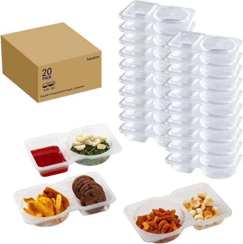 lot 64490 image: Seodon Snack Containers Double Compartment Snack Packs with Lids Grab and Go Snack Prep Box Meal Prep 2 Compartments Condiment Dipping Containers (20 Pcs)