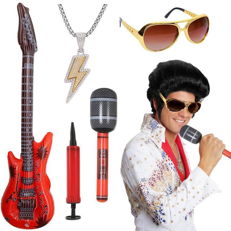 lot 64550 image: 50s Rock Wigs for Men with Glasses, Necklaces & Props, 1950s Disco Wig Black One Size 6pcs for Halloween Party