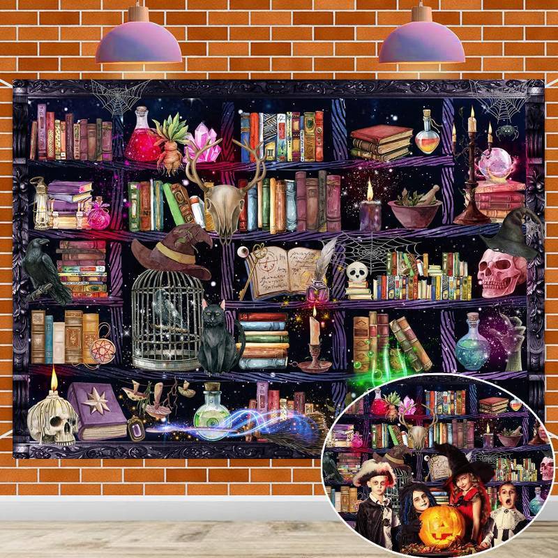lot 64599 image: Halloween Chemistry Laboratory Backdrop 7x5FT Mad Scientist Laboratory Banner Skull Poison Apothecary Magical Bookshelf Background for Kids Halloween Party Decorations Supplies Photo Props