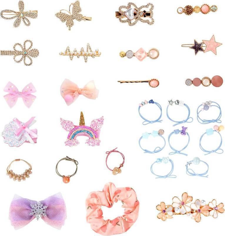 lot 64615 image: Hair Accessories Kit for Girls Including 32 Pieces Hair Clips, Hair Barrettes, Hair Ties, Hair Bows - Great Gift for Birthday, Christmas, Party, Age 4-15 (Crystal)
