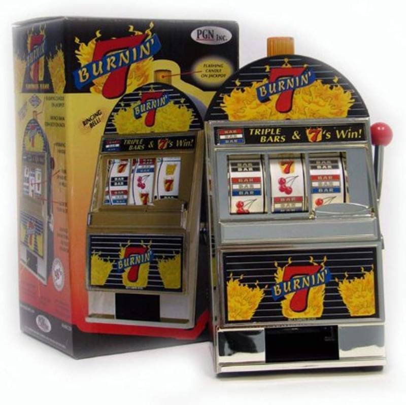 lot 56900 image: Trademark Global Burning 7s Slot Machine Bank with Spinning Reels