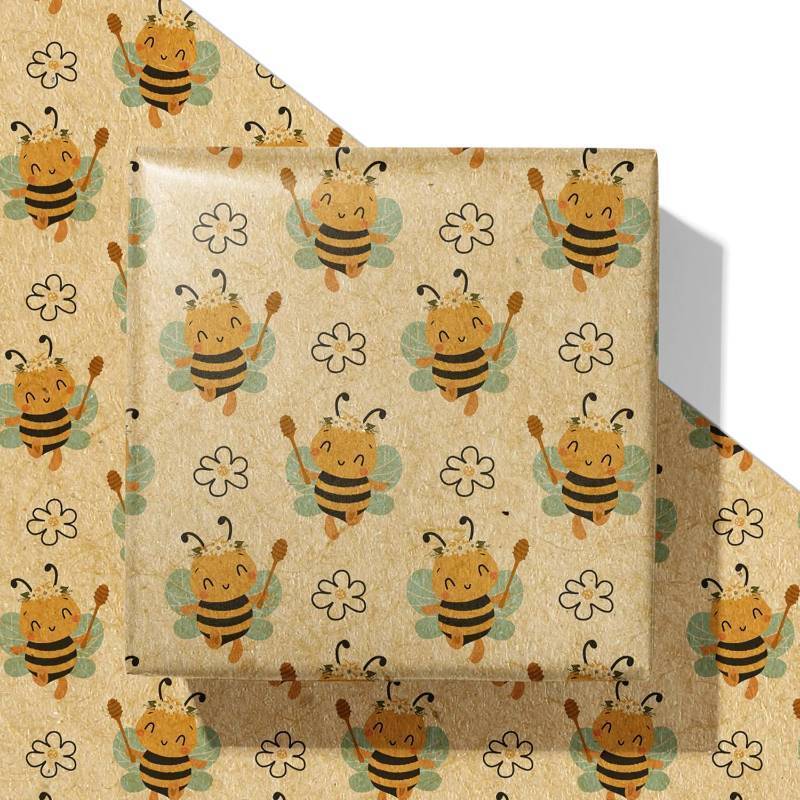 lot 56863 image: SaringSwoon Kraft Bee Wrapping Paper for Kids Adults - Cute Animals Gift Wrap With Honeybee Design for Birthday Baby Shower Mothers Day or Spring Party - 28 40 Inches, 4 Folded Sheets