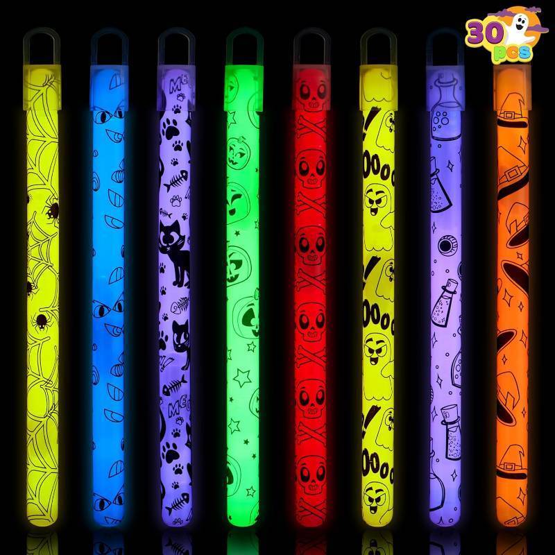 lot 64466 image: JOYIN 30 Pcs Halloween Glow Sticks Bulk Party Pack, Hanging Wands in 8 Design, 6 Color Light Up Stick for Kid Glow in The Dark Halloween Party Favor Supplies, Goodie Bag Filler, Trick or Treating Gift