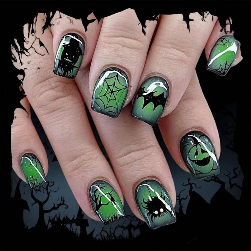 lot 64582 image: Halloween Press on Nails Short Square Fake Nails with Spider Web Bat Designs Green Nails Press ons Full Cover Stick on Nails for Women 24Pcs