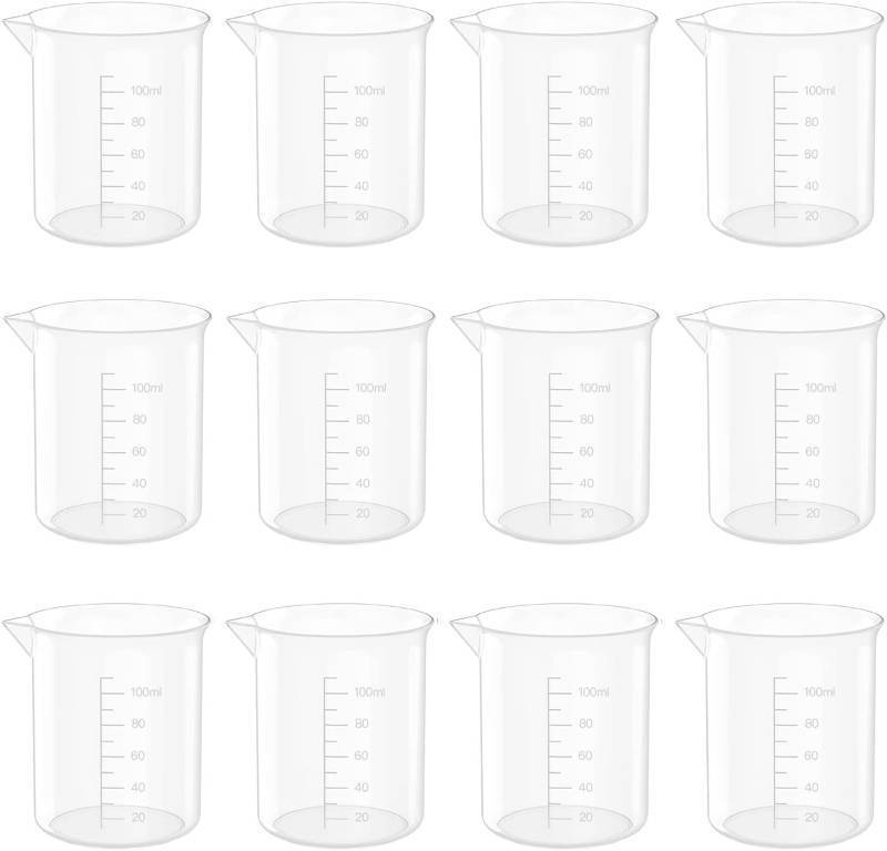 lot 64506 image: 10 Oz Transparent Lab Measuring Cup, 300ml Plastic Beaker Cups, for Science Experiment, Liquid Measuring, 12 Pcs