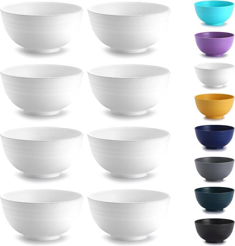 lot 64518 image: Kyraton Plastic Cereal Bowls 8 Pieces 26 oz, Unbreakable And Reusable Light Weight Bowl For Rice Noodle Soup Snack Salad Fruit, Dishwasher Safe