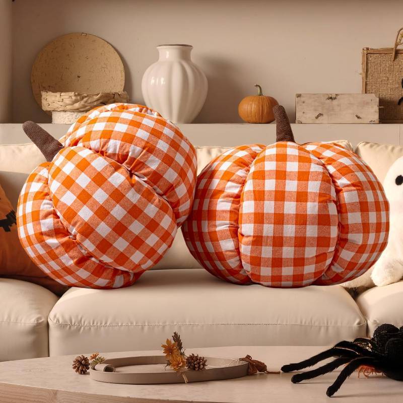 lot 64540 image: Lanpn Fall Pumpkin Pillow Set of 2, Halloween Decoration Plaid Throw Pillow Soft Cute 3D Shaped Cushion for Sofa Couch Bedroom Autumn Thanksgiving Halloween Decor (Orange, 13.4x11in)