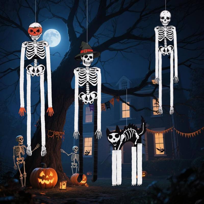 lot 56865 image: 4pcs Scary Halloween Decorations Outdoor Hanging Ghost Decor Skull Decoration for Yard with A Cat, 20in Scary Halloween Door Decorations for Porch,Home,Garden,Window.