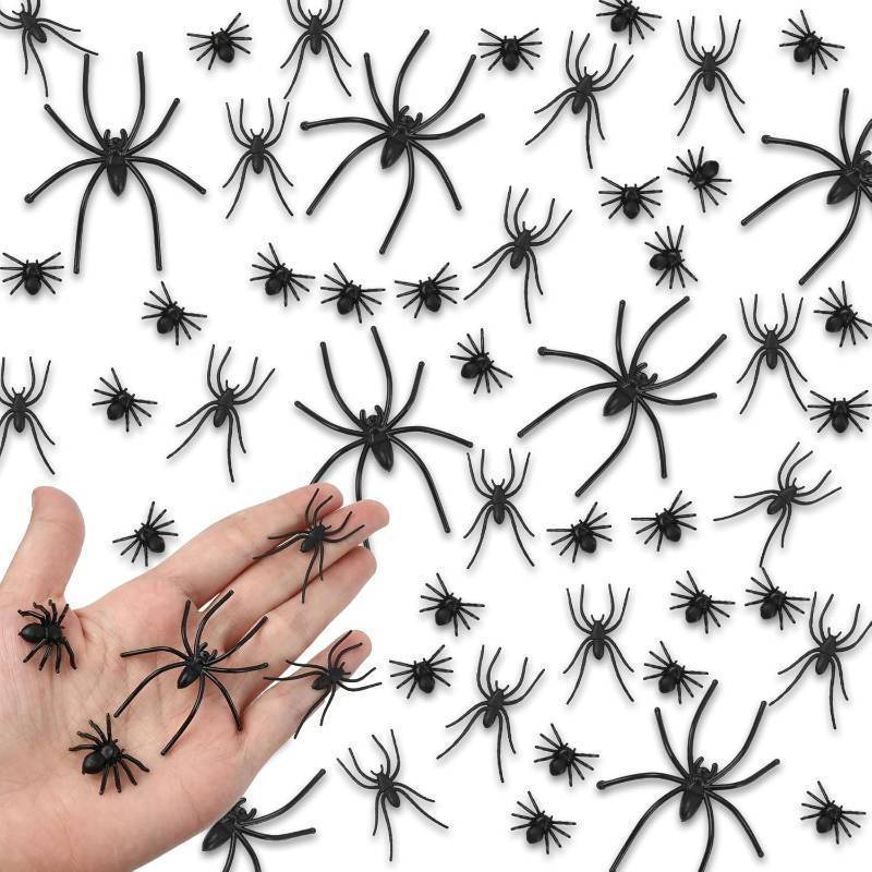lot 56882 image: 120 Pcs Plastic Spiders, 3 Sizes Fake Spiders Bulk Black Realistic Spider Small Fake Spider Toys Halloween Prank Props for Home Indoor Halloween Party Decorations Supplies