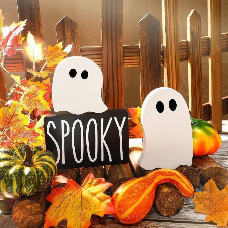 lot 56918 image: Blulu 3 Pieces Halloween Cute Ghost Decor Halloween Tiered Tray Decoration Wooden Ghost Theme Table Centerpieces Indoor Rustic Wood Sign Spooky Table Sign for Fall Party Home Kitchen Shelf