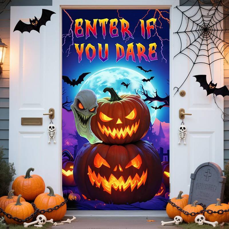 lot 64552 image: Halloween Door Cover 180 x 90 cm Large Fabric Halloween Party Decorations Scary Ghost Pumpkin Horror Moon Night Door Banner for Front Porch Backdrop Indoor Outdoor Home Window Spooky Wall Decor