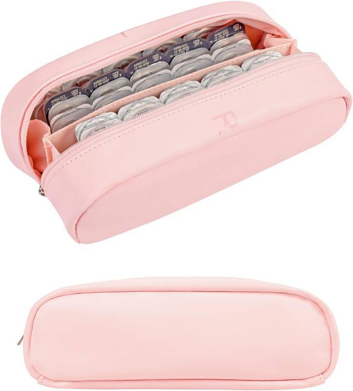 lot 64680 image: Portable Daily Contact Lens Organizer Case, Disposable Contact Lens Dispenser, Travel Contact Lens Storage Case with Labeled R & L, Double Zipper, Storage up to 60 Lenses (Pink)