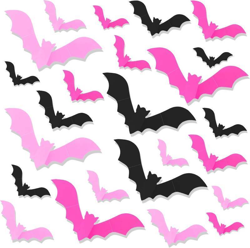 lot 64696 image: Bats Halloween Decorations,3D Bats Wall Decor 48 Pcs Realistic Bat Stickers PVC Halloween Bats Decor Black Pink Rose Red Bat Wall Decals for DIY Home Bathroom Halloweens Indoor Outdoor Party Decors