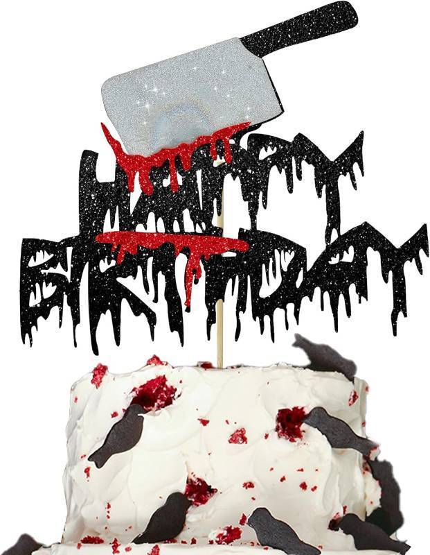 lot 64701 image: BEISHIDA Horror Themed Happy Birthday Cake Topper Have a Killer Blood Halloween Cake Decoration Black Glitter Horror Themed Cake Picks for Kids Birthday Party Cake Decorations Party Supplies