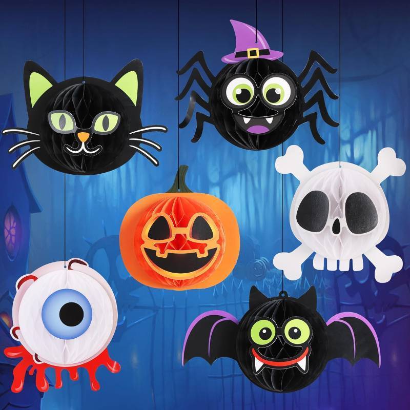 lot 64715 image: BEISHIDA 6 Pcs Halloween Hanging Orngments Honeycomb Ghost Bats Pumkpink Table Decor 3D Tissue Centerpieces Whith Strings for Halloween Classroom Birthday Party Supplies