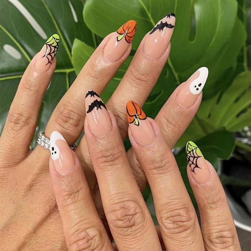 lot 64736 image: Halloween Press on Nails Medium Almond Fake Nails with Ghost Bat Spider Web French Tip Designs Halloween Nails Press ons Acrylic Stick on Nails for Women 24Pcs