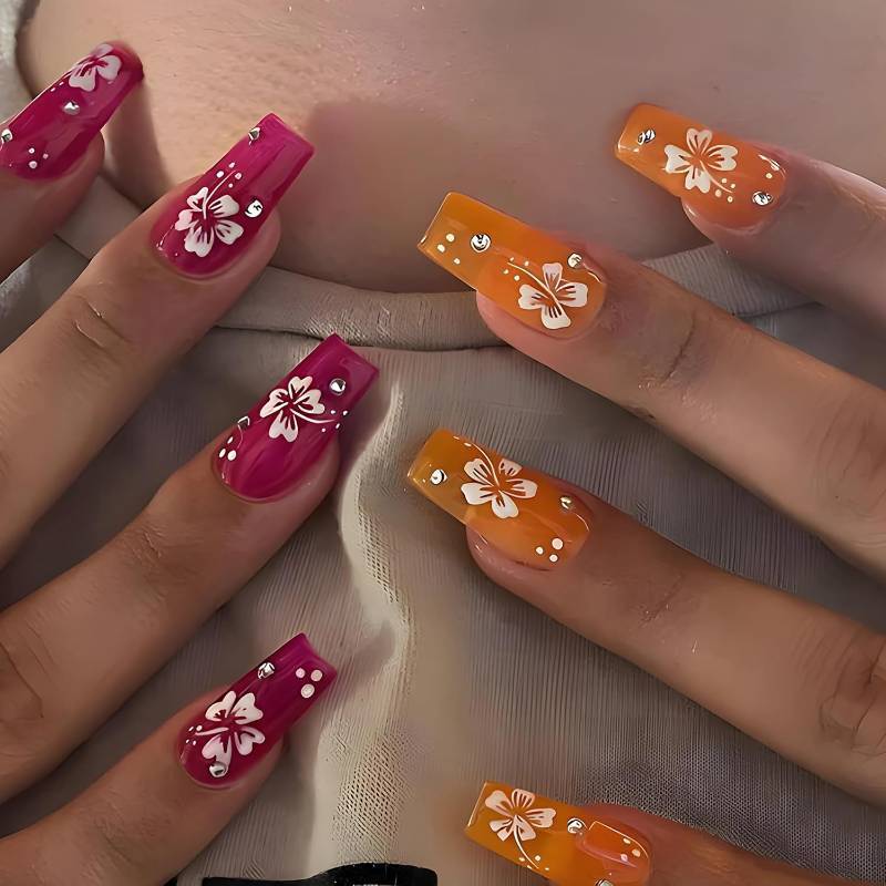 lot 64738 image: BABALAL Long Press on Nails Coffin Fake Nails Pink Orange Glue on Nails Flower Coquette Acrylic Nails 24Pcs Bling Rhinestone Ballerina Manicure Diy Stick on Nails