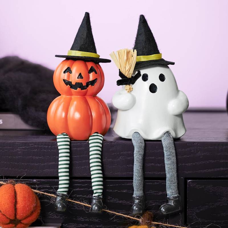 lot 64850 image: WDS WONDROUS Halloween Decoration-2 Pack Ghost Figurine & Pumpkin Statues for Indoor Mantle Shelf Sitters Table Decor, Cute Resin Pumpkin Ghost Sculpture with Hats, Legs and Broom, Spooky Gift