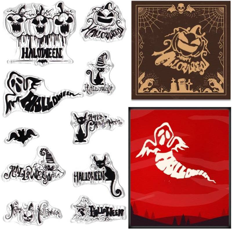 lot 64953 image: Hying Halloween Pumpkins Bats Clear Stamps for Card Making, Halloween Words Rubber Stamps Ghost Cats Sentence Transparent Stamp Seal for Crafting DIY Scrapbooking Photo Album Decorations