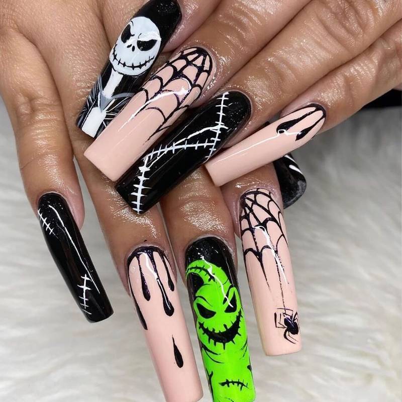 lot 64968 image: Halloween Press on Nails Long Coffin Spider Web Full Cover Fake Nails Nightmare Before Christmas Press on Nails Black Blood Stick on Nails Acrylic Nail for Women Men Girls