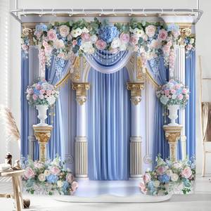 lot 64979 image: Riyidecor Elegant Rose Floral Bridal Shower Curtain for Bathroom Decor 72Wx72H Blue Women Girls Flowers Vintage Luxury Pearl Eucalyptus Art Printed Fabric Polyester Waterproof 12 Pack Plastic Hooks