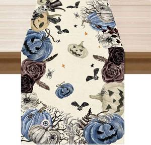 lot 64989 image: XCHI Spooky Blue Pumpkin Halloween Table Runner Party Table Decoration for Home Kitchen Dining Holiday Decor 13x36 Inch