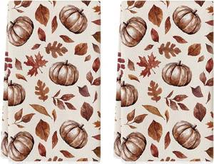 lot 64991 image: Artoid Mode Maple Leaves Pumpkin Fall Kitchen Towels Dish Towels, 18x26 Inch Farmhouse Autumn Decoration Hand Towels Set of 2