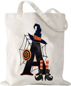 lot 65004 image: Canvas Tote Bag with Initials for Women Friends Grocery Shopping Travel Gym Weekender Vacation Halloween Ideal Gift for Woman Her Mom Teacher Sister - Halloween Letter A