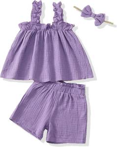 lot 65030 image: XUANHAO Toddler Baby Girl Clothes Summer Outfits Sleeveless Ruffled Linen Shirts Tank Tops Shorts Kids Girls Clothing Sets