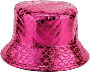 lot 65036 image: Quanhaigou Metallic Bucket Hat PU Leather Trendy Fisherman Hats Unisex Reversible Packable Sun Cap