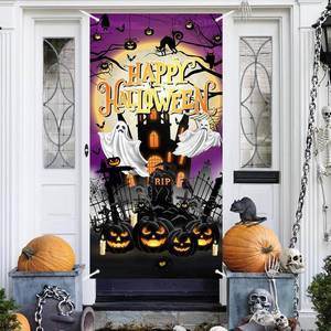 lot 65047 image: Avezano Halloween Door Cover Haunted House Scary Cemetery Banner Happy Halloween Door Decorations Indoor Outdoor (Purple)