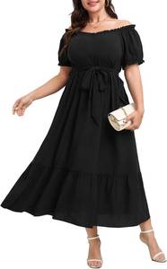lot 65073 image: SCOMCHIC Women Plus Size Wedding Guest Dress Puff Sleeve Off The Shoulder Ruffle Flowy Formal Maxi Dresses with Belt