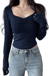 lot 65083 image: SOLY HUX Womens Ruched Sweetheart Neck Long Sleeve Tee Crop Tops Slim Fit Going Out T Shirt Plain Dark Blue Small