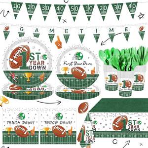 lot 65110 image: 142Pcs First Year Down Football Birthday Party Decorations Football Tableware Set with Plates Napkins Cups Tablecloth and Banner First Year Down Football Party Decorations