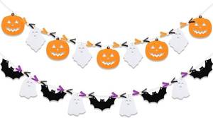 lot 65117 image: 2 Pcs 9.8ft Halloween Felt Garland Felt Pumpkin Ghost Bat Garland Banner with Wooden Beads Rustic Farmhouse Country Decor for Indoor Fireplace Mantle Haunted Hanging Decorations