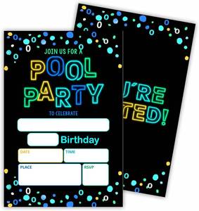 lot 65123 image: Birthday Invitation Cards  4x6 - Pool Party - Set Of 20 Birthday Invitations With Envelopes - Summer Retro Glow Neon Invites For Boys Girls Teens Kids - Party Supplies - A13