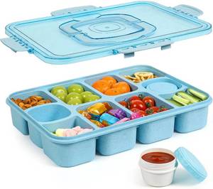 lot 65155 image: Caperci Snackle Box Container - Large 10 Compartments Divided Serving Tray with Lid and Handle, Built-in 2 Dip Containers, Dishwasher Safe, Leak-Proof, Wheat Straw, BPA-Free (Blue)