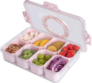 lot 65223 image: Snackle Box Container with Sealed Lid   Portable BPA-Free Snack Box with Foldable Handle, Divided Serving Tray for Fruit, Candy, Nuts & Veggies   Perfect for Travel, Picnic, Beach & Party 11.8 x 8.8