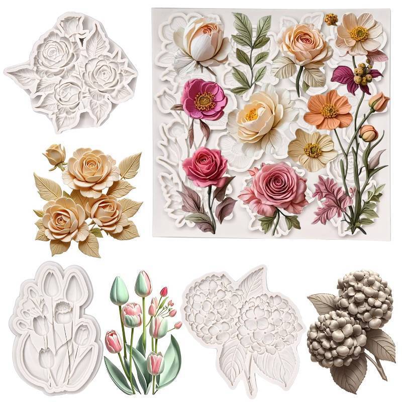 lot 35926 image: (Four-piece set) Rose and leaves, multiple floral designs, tulips, a string of fruits, DIY silicone molds, cake chocolate molds wedding cake decoration tools, soft candy cake molds - Retail $12