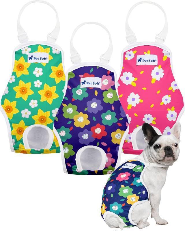 lot 36007 image: Pet Soft Dog Diapers Female Onesie Sanitary Pantie with Adjustable Suspender, Colorful Pattern Washable Puppy Diapers Female, Super Absorbent Underwear Dog Diaper for Heat (Floral, M) - Retail $21