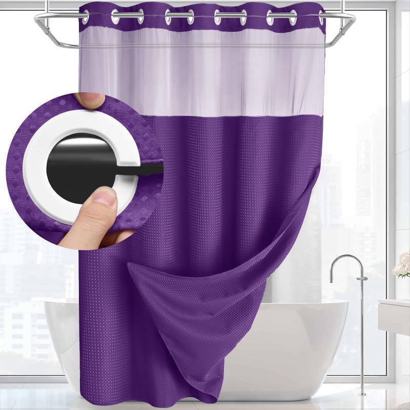 lot 36061 image: No Hook Shower Curtain with Snap in Liner Set Waffle Shower Curtain for Bathroom 75 L x 72 W Deep Purple, DK-11 - Retail $23