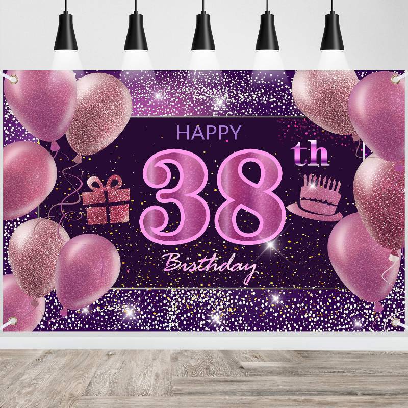 lot 36064 image: 38th Birthday Decorations for Girls IMISI Happy Birthday Banner Pink Decorations for A Party Birthday Backdrop for Women - Retail $14