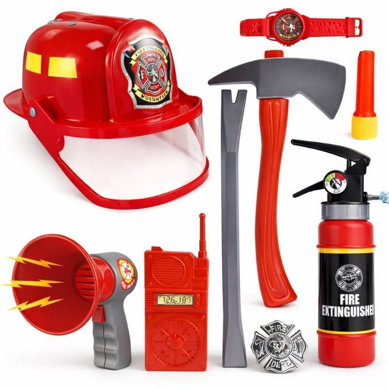 lot 36093 image: Liberty Imports 10 PCs Fireman Gear Firefighter Costume Role Play Career Dress Up Starter Toy Accessories Pretend Play Set with Helmet, Tools for Kids, Toddlers - Retail $25