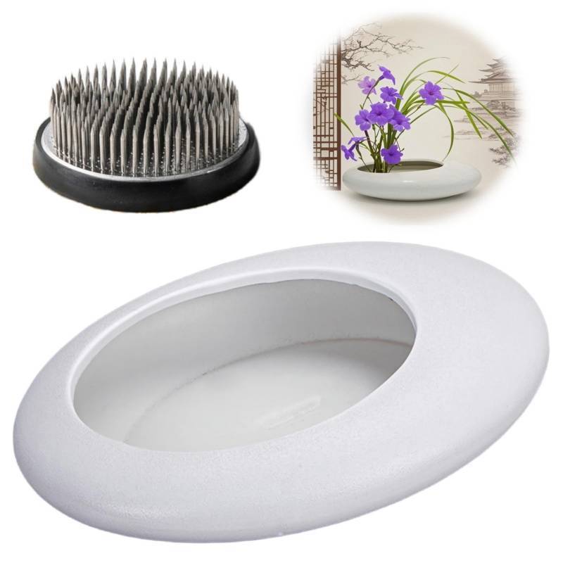 lot 36099 image: Ikebana Bowl Kit - Ikebana Vase (Japanese Flower Bowl Vase) with 2.4 Floral Frog, Ikebana Set for Japanese Flower Arrangement (White, 2.4 Floral Frog Included) - Retail $27